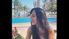 Redare Plăcere lângă piscină: fată albă superbă și nucă de cocos tropicală